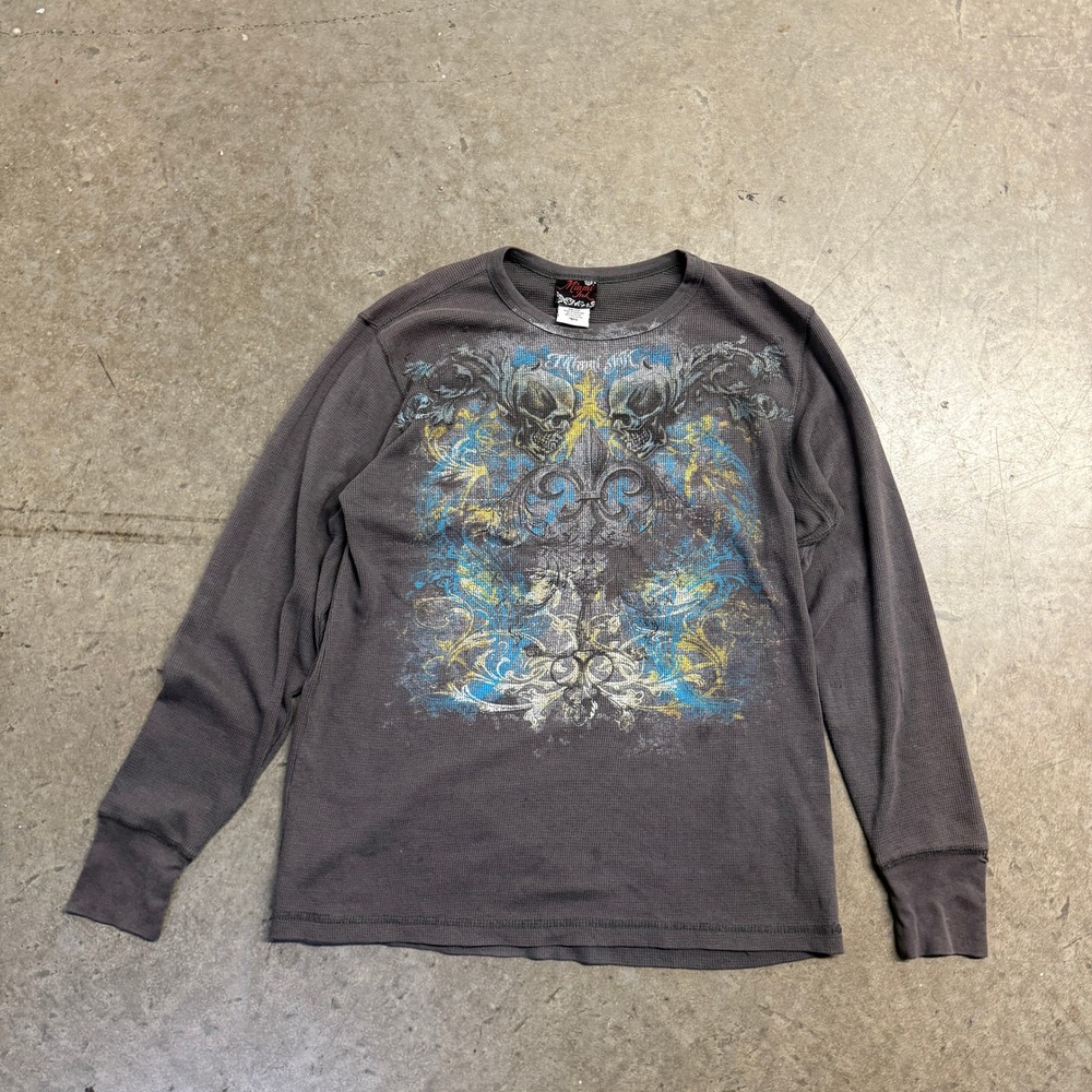 Miami Ink Mens Large Thermal Shirt Gray Skull Fleur De Lis Graphic Waffle Knit